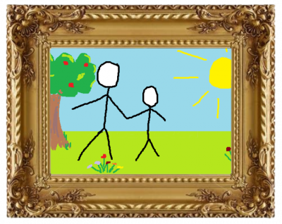 En otroligt fin teckning med guldram målad i paint föreställande två streckgubbar som håller hand på en grön gräsmatta.