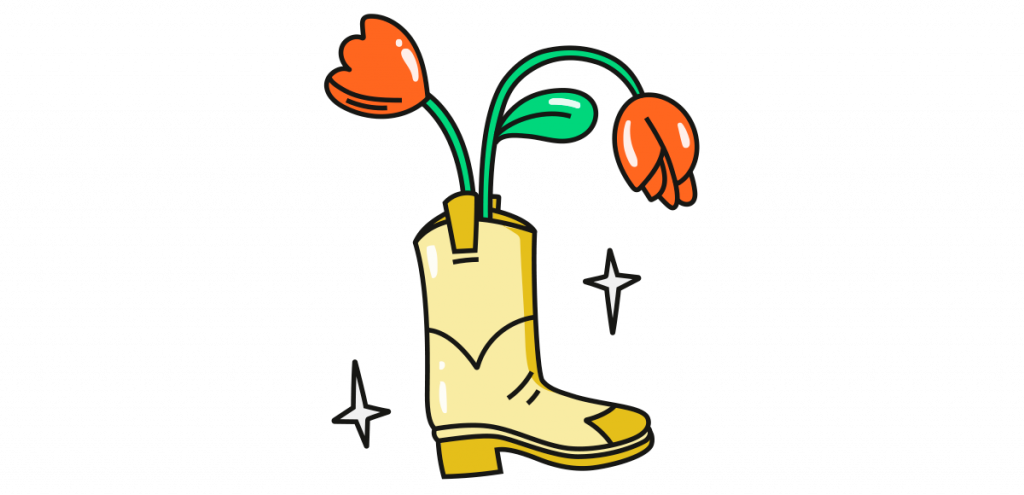 En tecknad cowboystövel med röda tulpaner i.