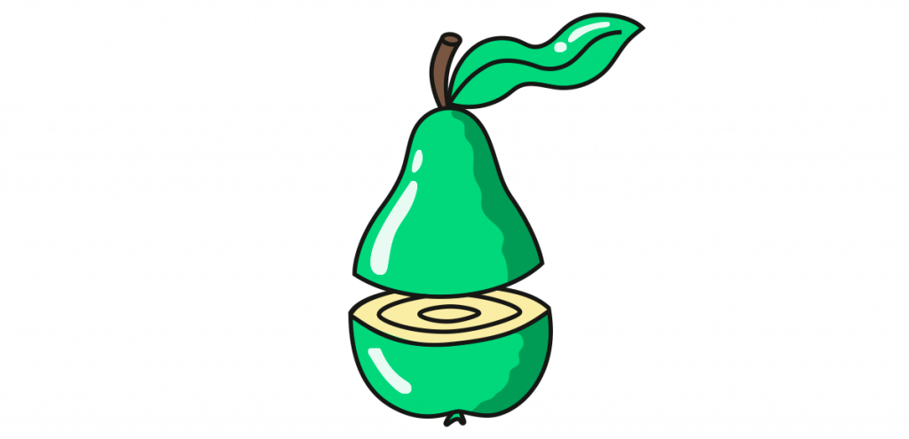 Illustration av ett delat grönt päron med stiliserat snitt – symboliserar Vimlas koncept om att dela med sig av surf, abonnemang och omtanke på ett lekfullt sätt.