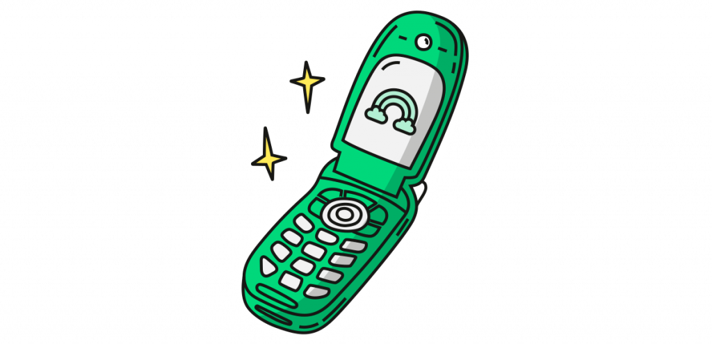 Illustration av en grön retro vikbar mobiltelefon med en regnbåge på skärmen – symboliserar Vimlas lekfulla och nostalgiska varumärkesidentitet inom mobilabonnemang.