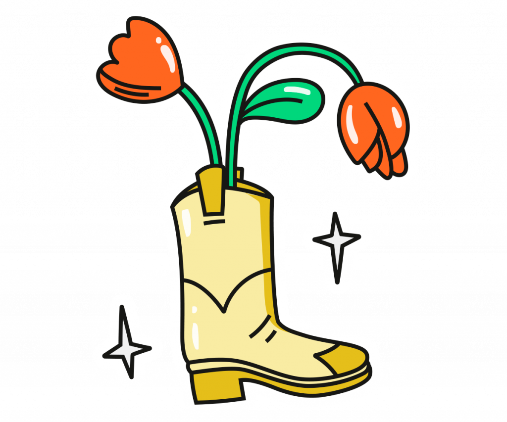 En tecknad cowboystövel med röda tulpaner i.