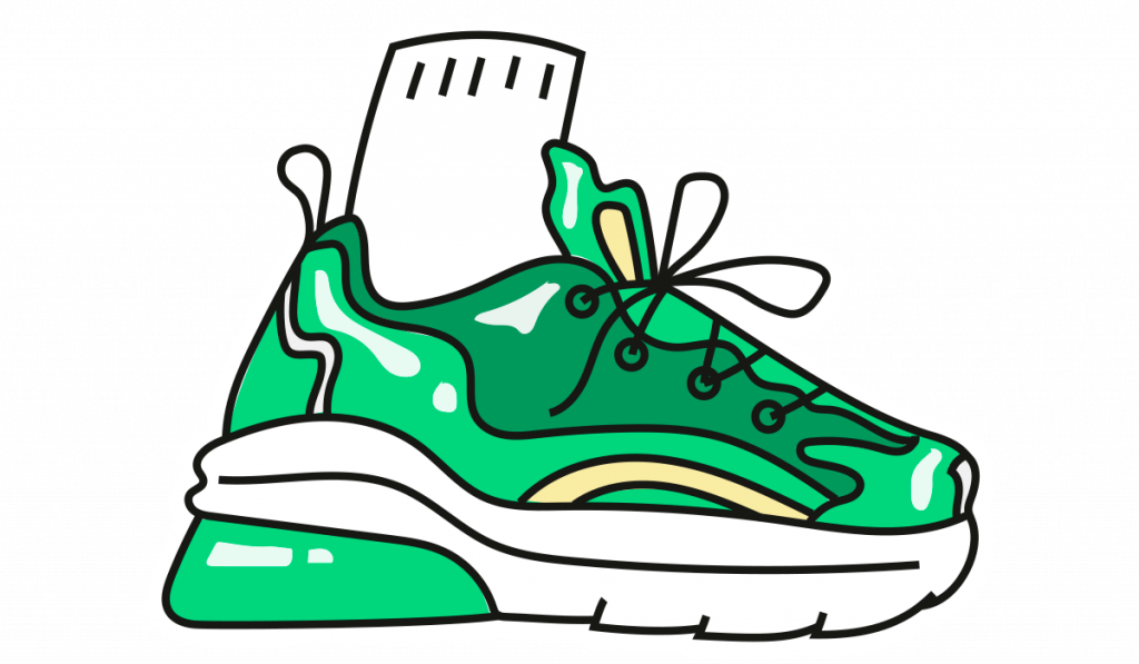 Illustration av en grön gympasko – symboliserar Vimlas snabba surf och smidiga mobilabonnemang.