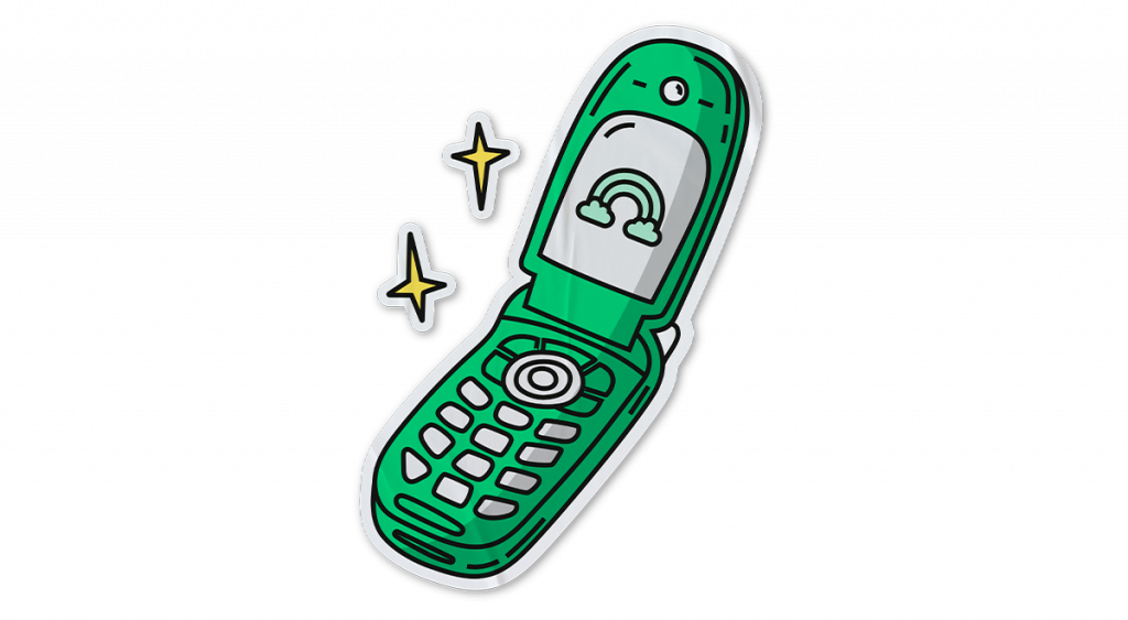 Illustration av en grön retro vikbar mobiltelefon med en regnbåge på skärmen – symboliserar Vimlas lekfulla och nostalgiska varumärkesidentitet inom mobilabonnemang.