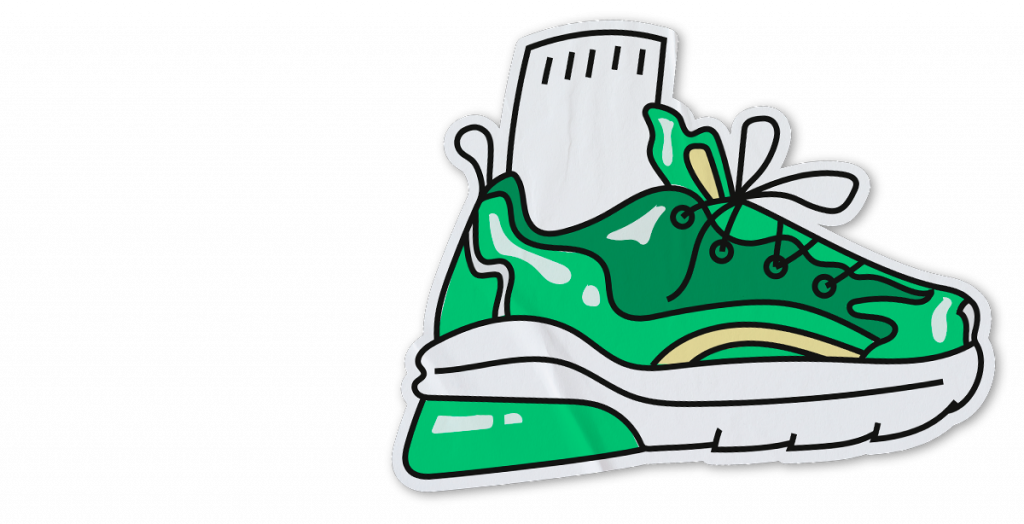 Illustration av en grön gympasko – symboliserar Vimlas snabba surf och smidiga mobilabonnemang.