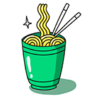 Tecknad grön mugg med nudlar och ätpinnar – symbol för studentliv och ett prisvärt abonnemang.