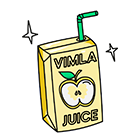 Illustration av en gul juiceförpackning med texten 'Vimla Juice' och en tecknad äppelsymbol, dekorerad med sugrör och glittrande detaljer.