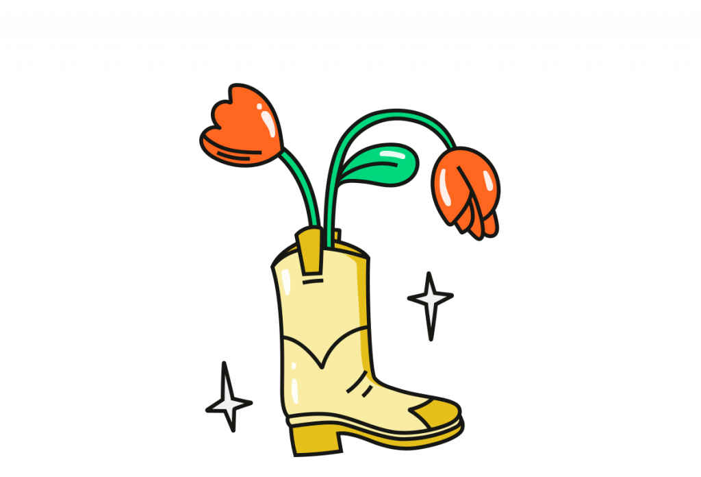 En tecknad cowboystövel med röda tulpaner i.