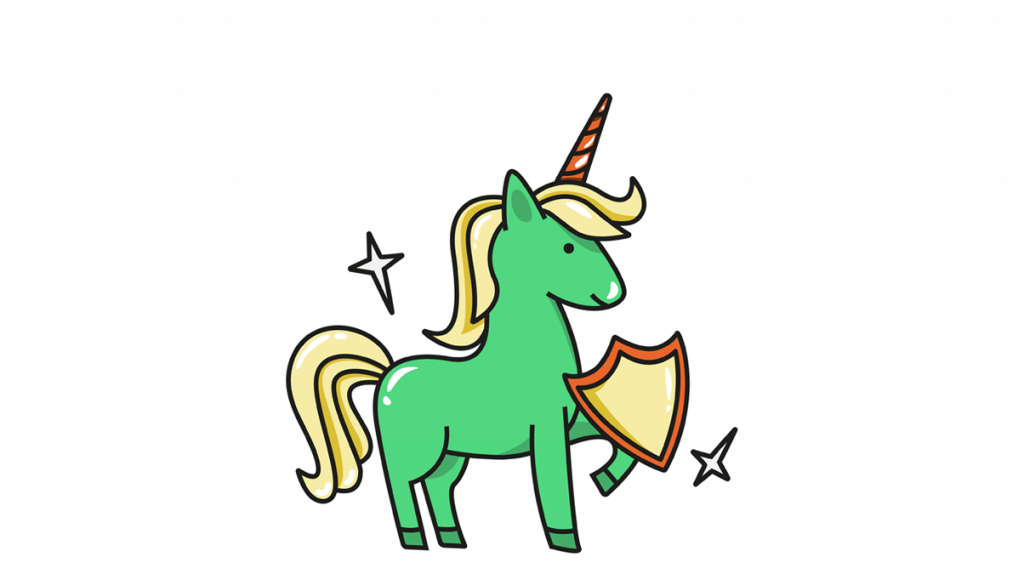 Grön tecknad enhörning med sköld – symbol för att surfa säkert online.