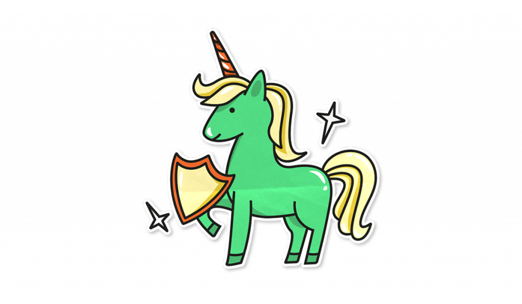 Grön tecknad enhörning med sköld – symbol för att surfa säkert online.