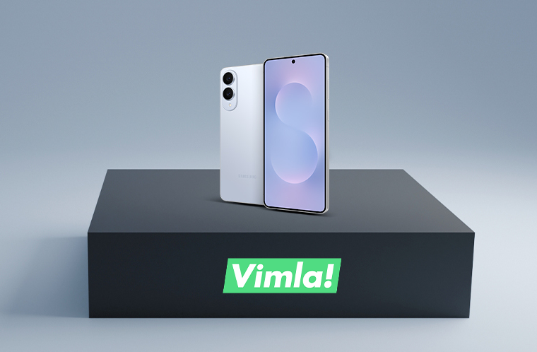 Samsung-telefon av modellen S25 Edge ihop med Vimlas logo
